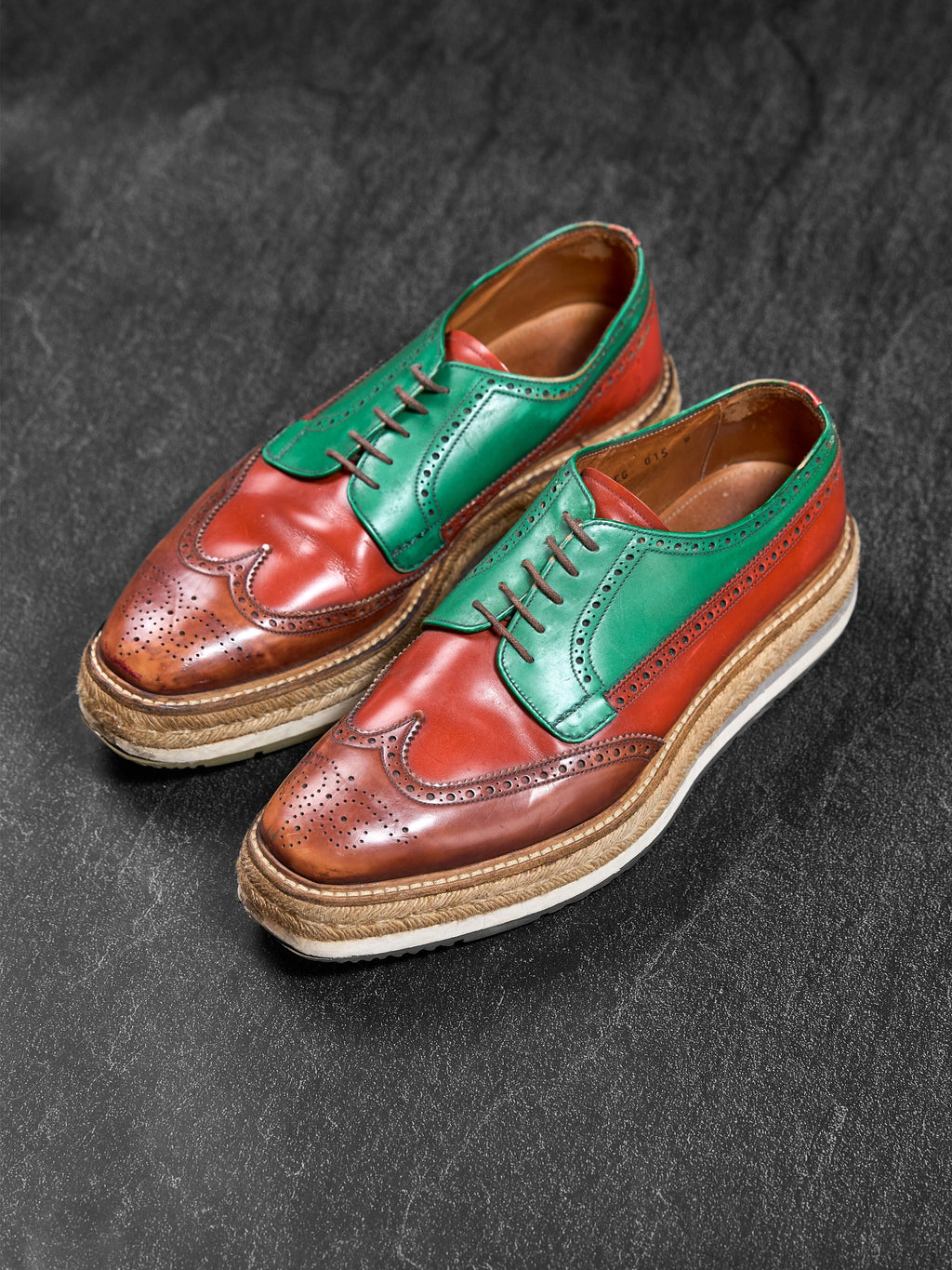 Prada Wingtip Brogue Platform Shoes Green / Orange UK 9