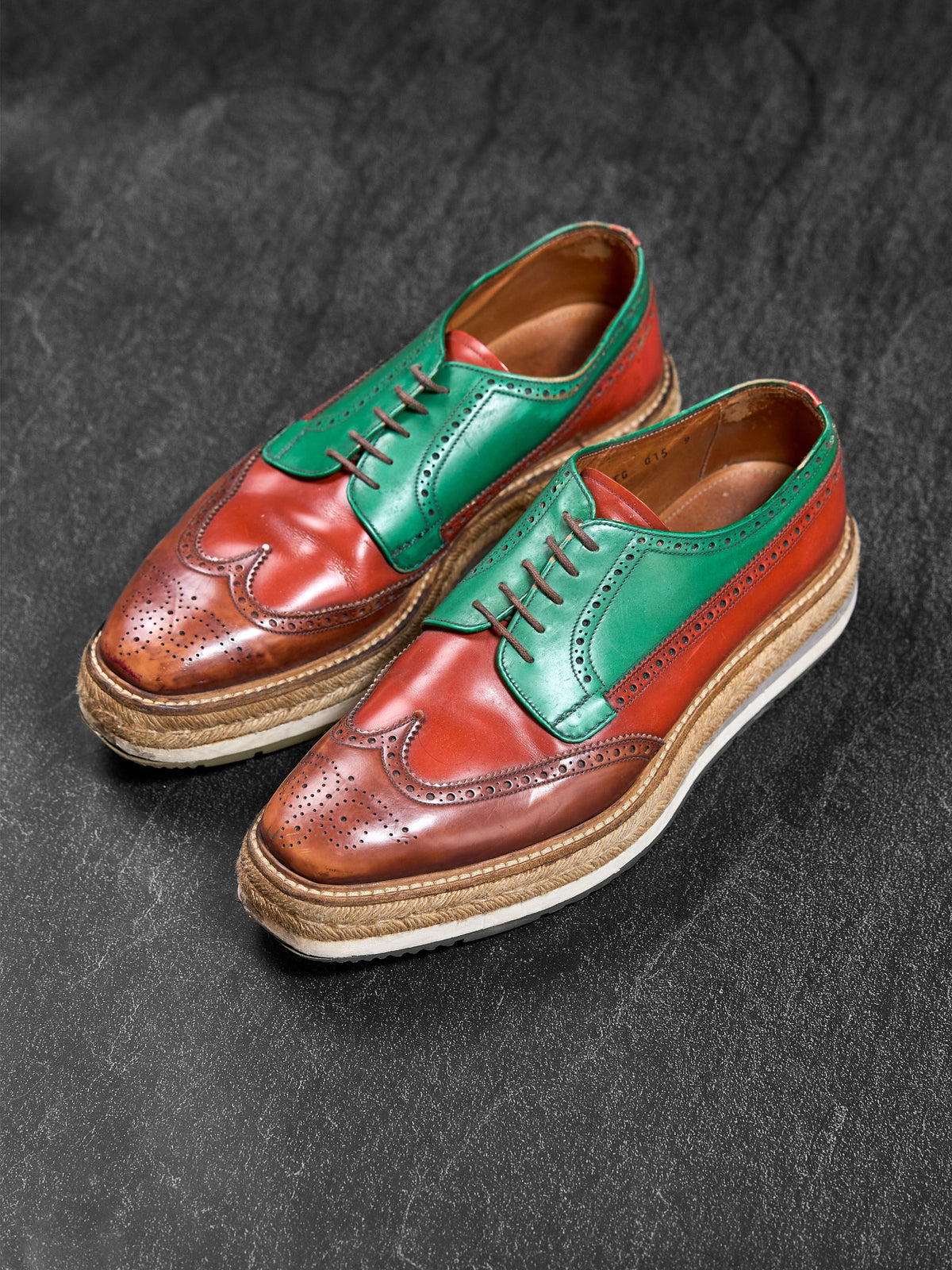 Prada Wingtip Brogue Platform Shoes Green / Orange UK 9