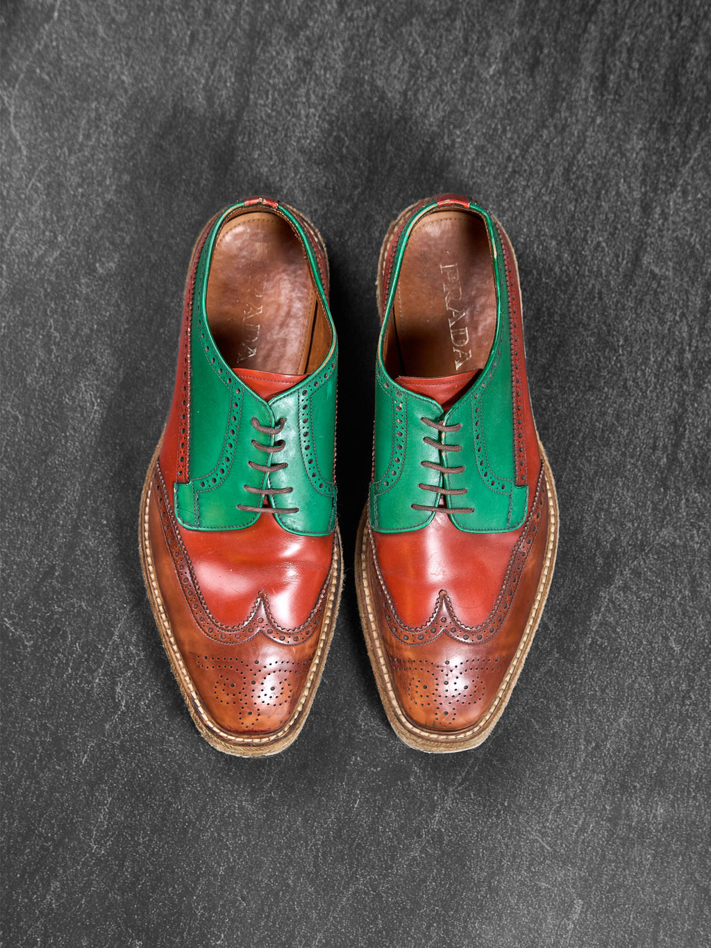 Prada Wingtip Brogue Platform Shoes Green / Orange UK 9