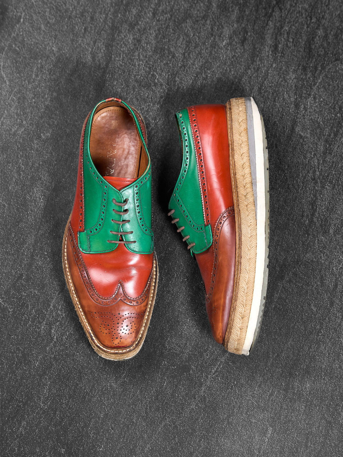 Prada Wingtip Brogue Platform Shoes Green / Orange UK 9