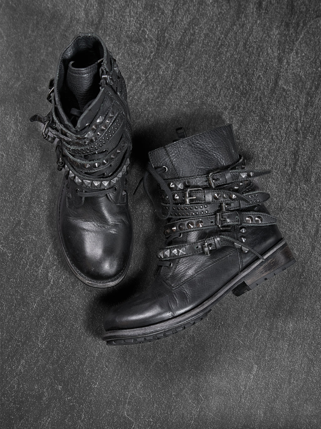 ASH Punk Studded Buckle Biker Boots Black Leather EU 40