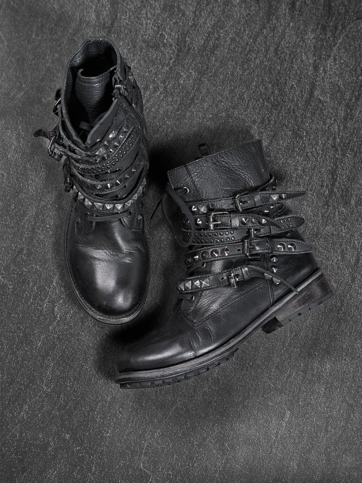 ASH Punk Studded Buckle Biker Boots Black Leather EU 40