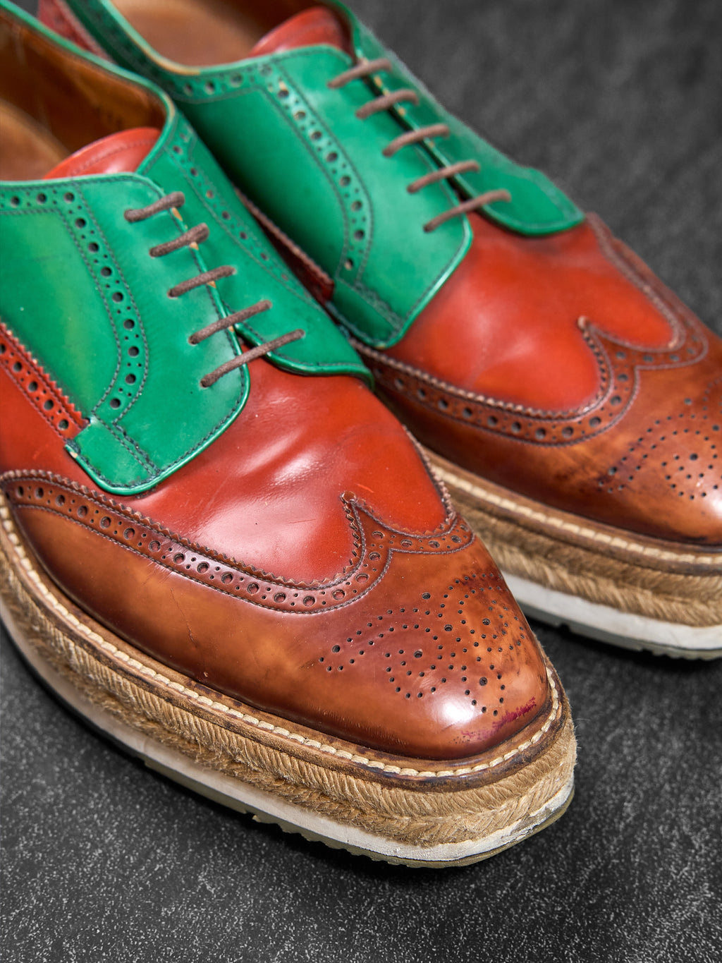 Prada Wingtip Brogue Platform Shoes Green / Orange UK 9