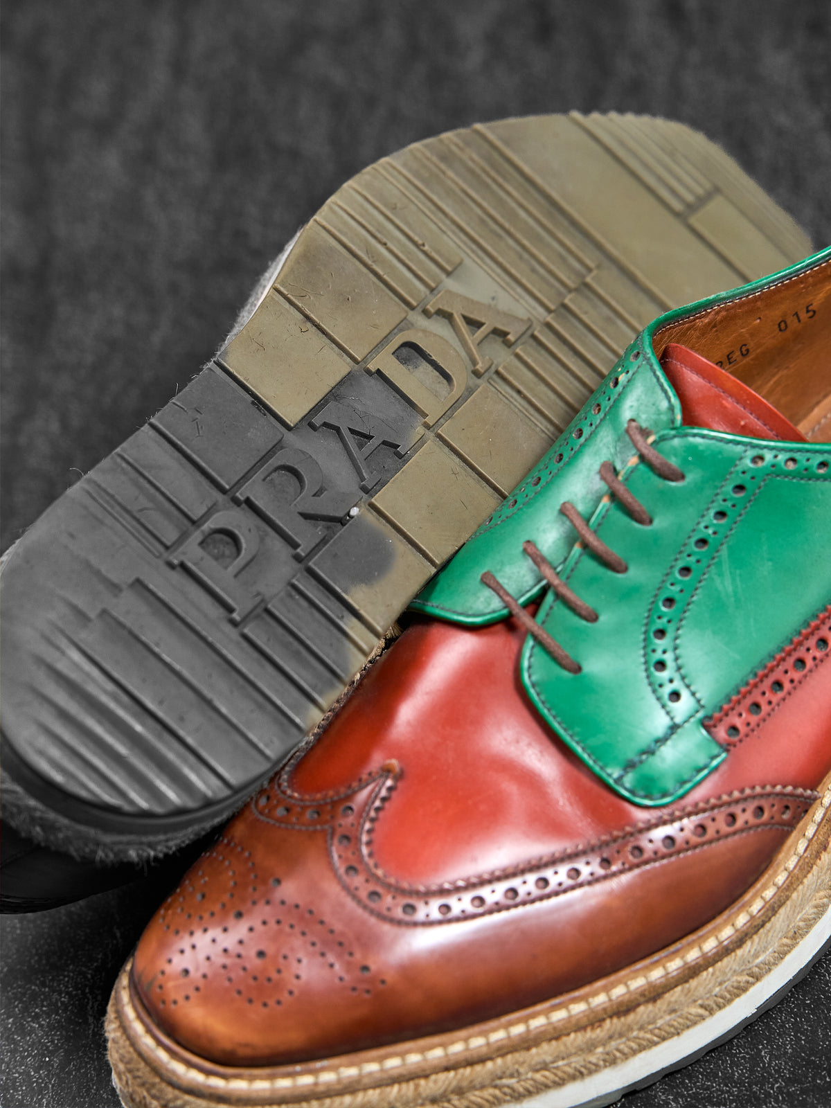 Prada Wingtip Brogue Platform Shoes Green / Orange UK 9