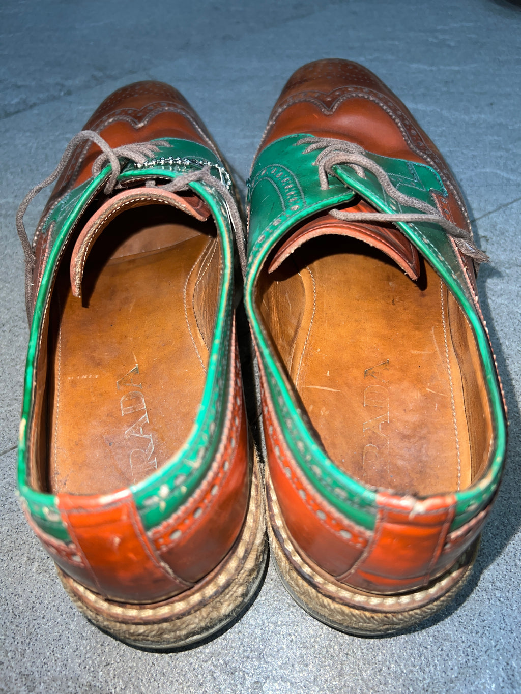 Prada Wingtip Brogue Platform Shoes Green / Orange UK 9