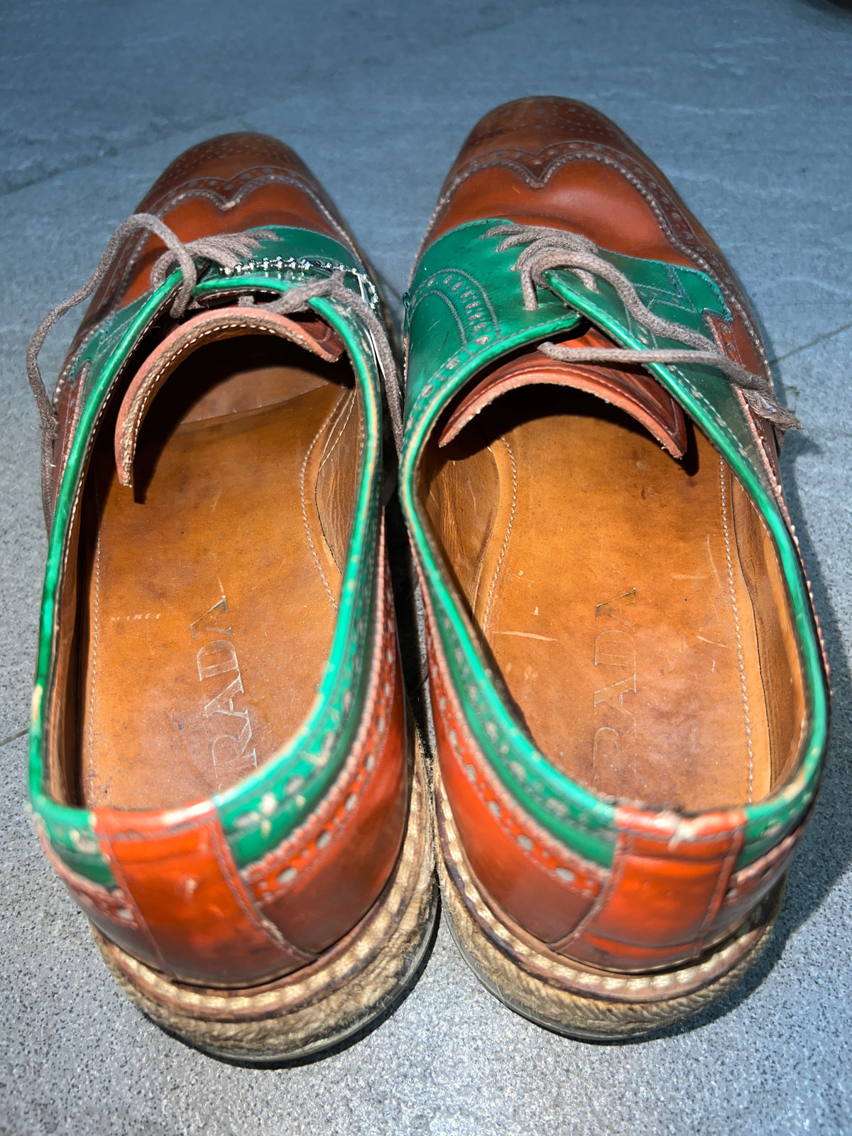 Prada Wingtip Brogue Platform Shoes Green / Orange UK 9