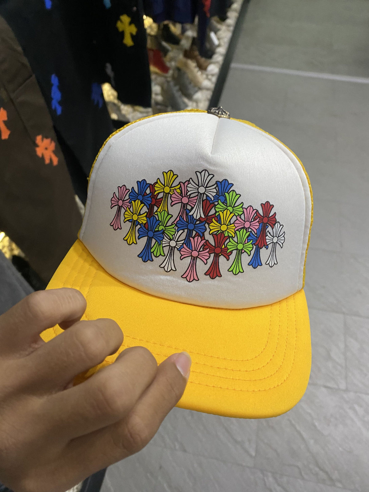 Chrome Hearts Yellow Multi Color Cross Trucker Hat
