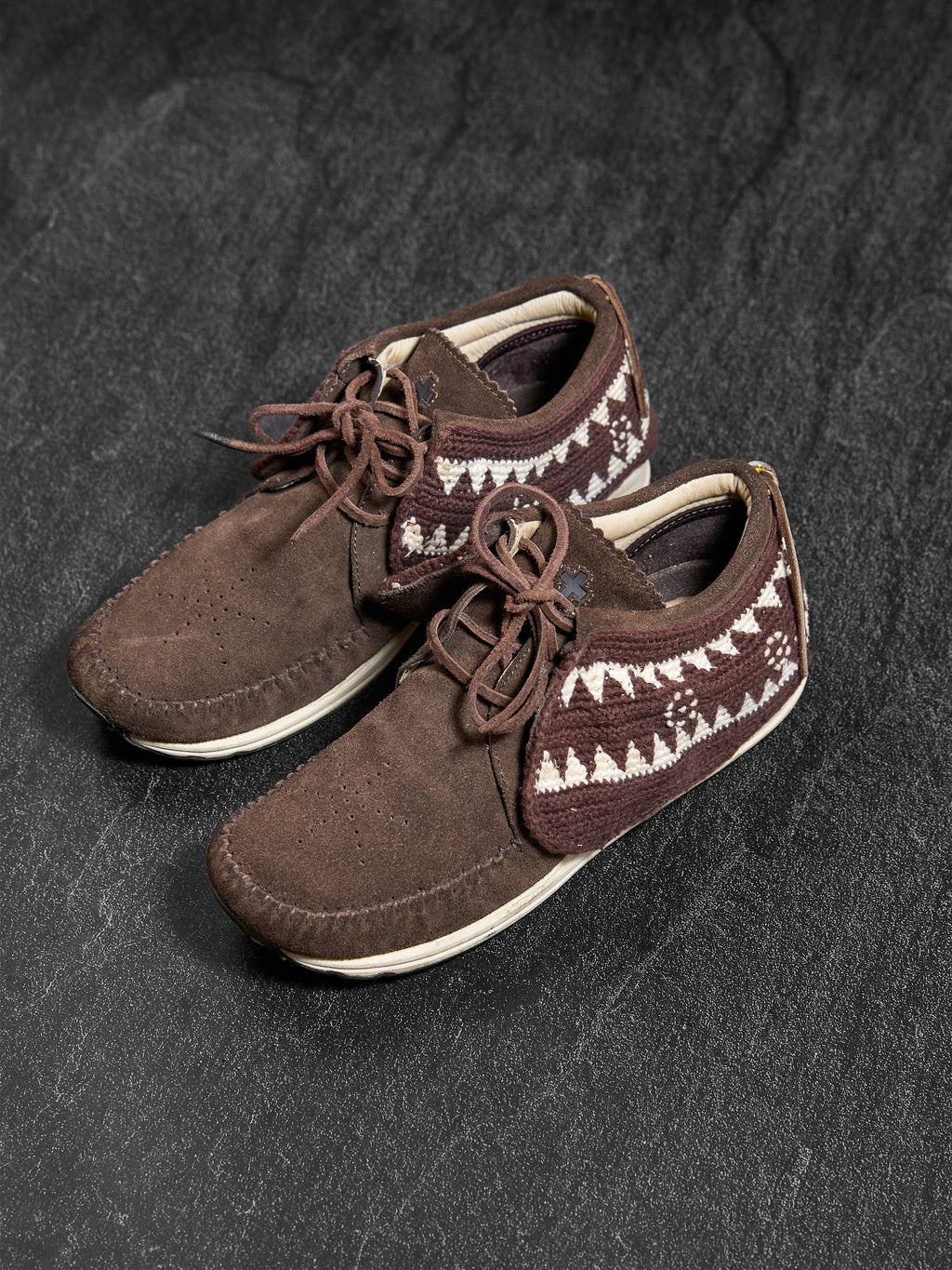 visvim Folk Moccasin Sneakers Brown Suede Knit Collar EU 41 / US 8