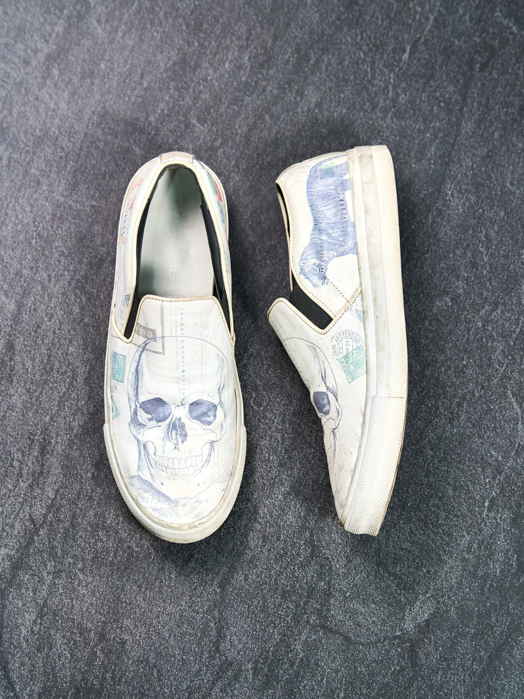 Alexander McQueen Skull Print Slip-On Sneakers White Leather EU 40