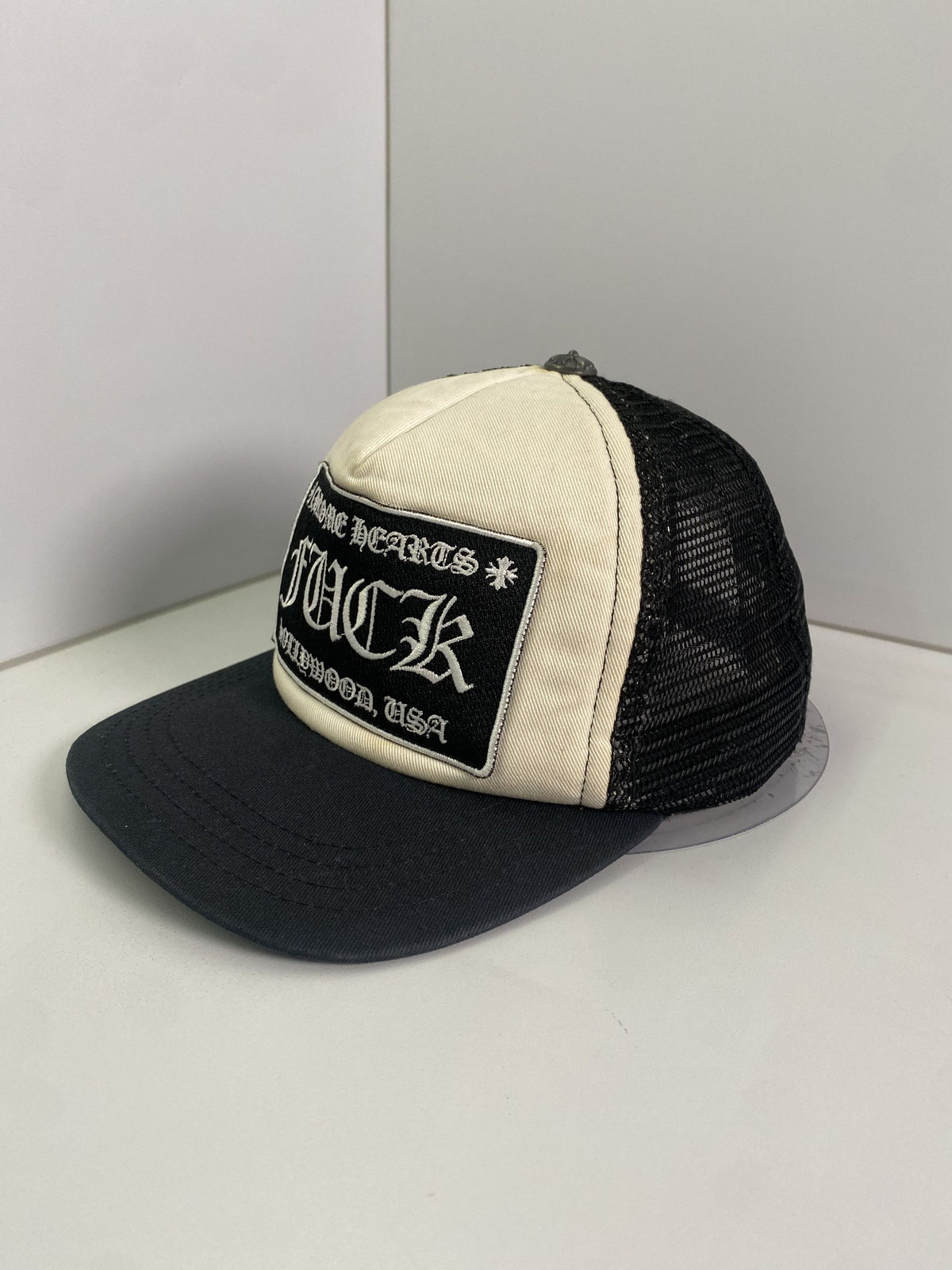 Chrome Hearts FUCK Hollywood Black Cream Trucker Hat