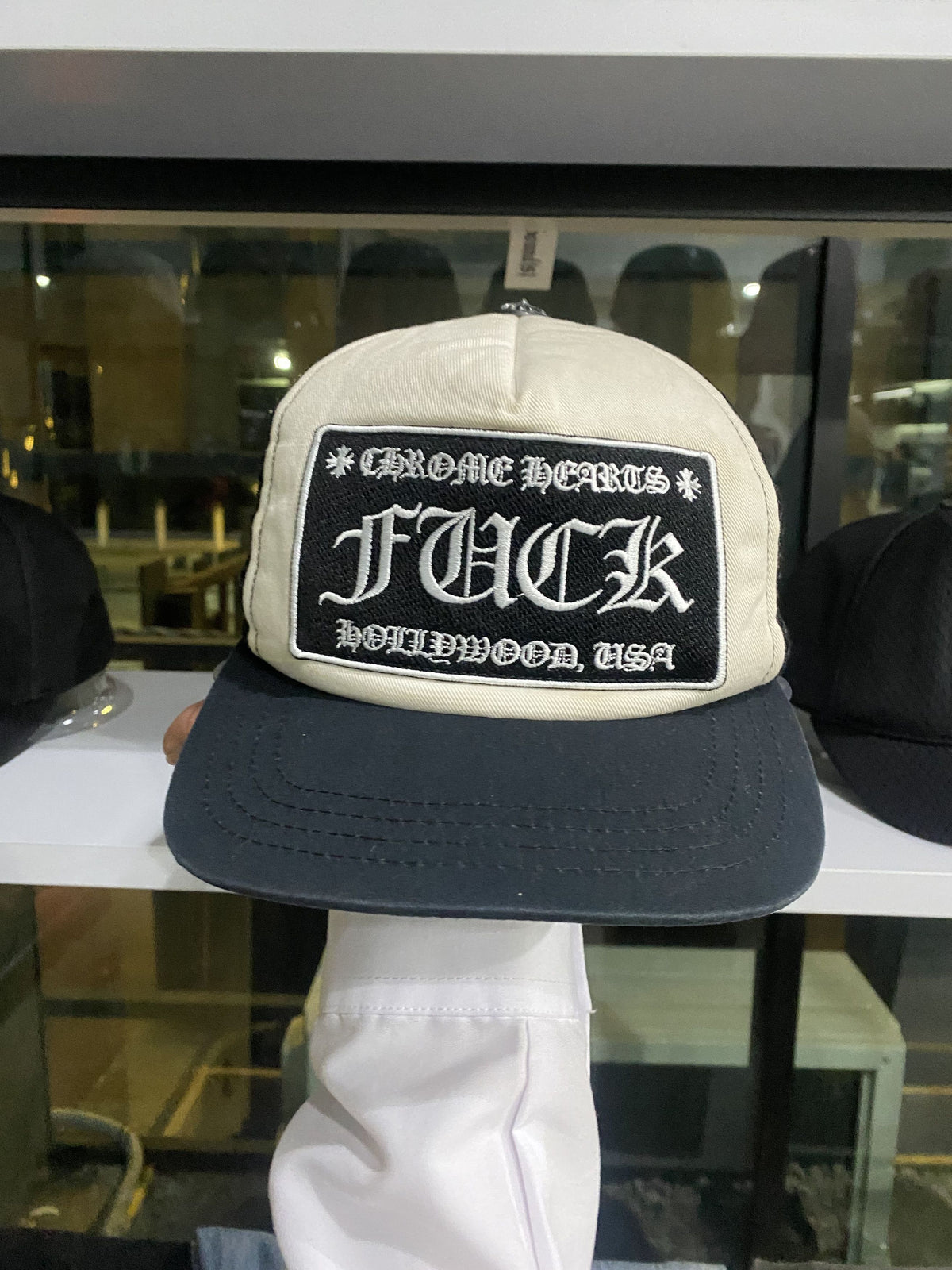 Chrome Hearts FUCK Hollywood Black Cream Trucker Hat