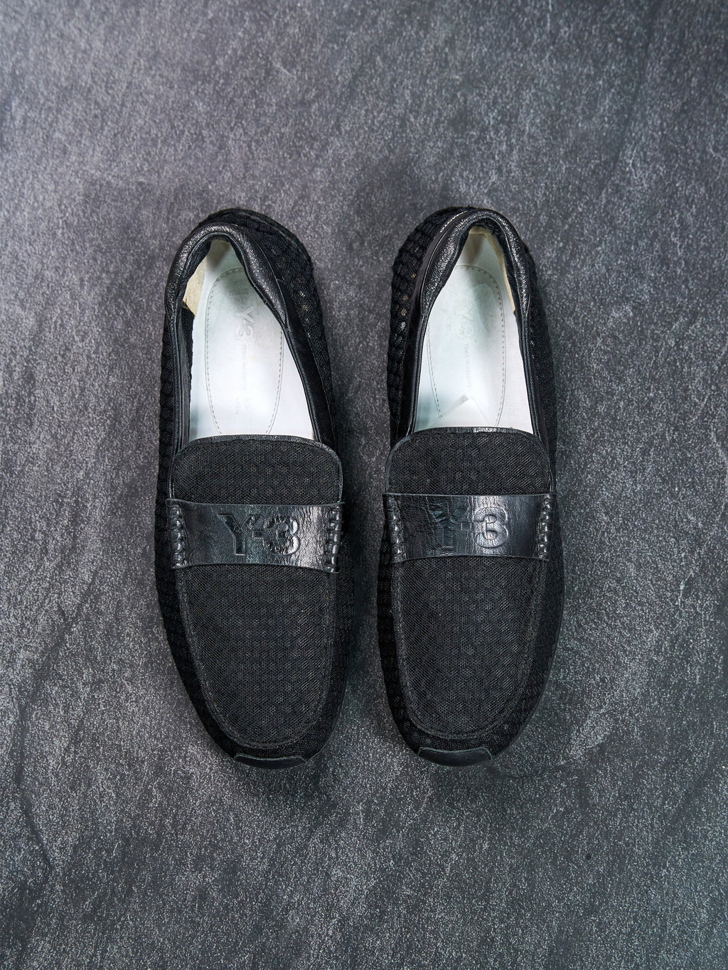 Y-3 Mesh Driving Loafers Black Perforated Leather UK 9