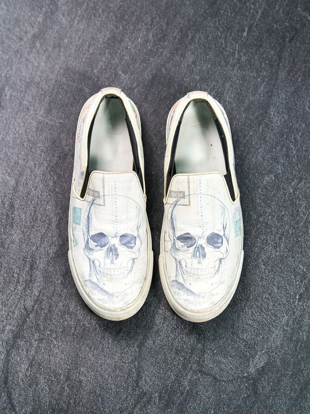 Alexander McQueen Skull Print Slip-On Sneakers White Leather EU 40