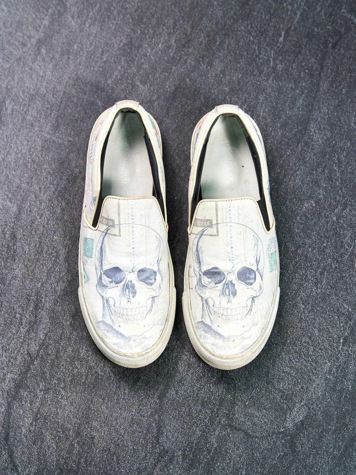 Alexander McQueen Skull Print Slip-On Sneakers White Leather EU 40