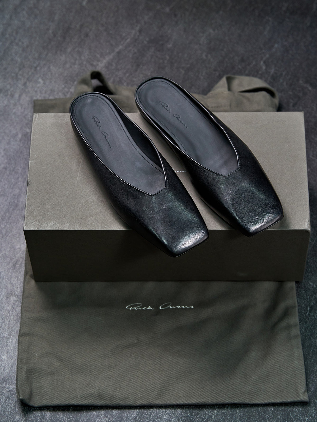 Rick Owens SS26 Ballerina Mule Flats Black Square Toe EU 38
