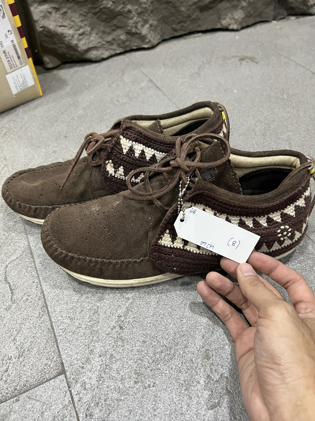 visvim Folk Moccasin Sneakers Brown Suede Knit Collar EU 41 / US 8