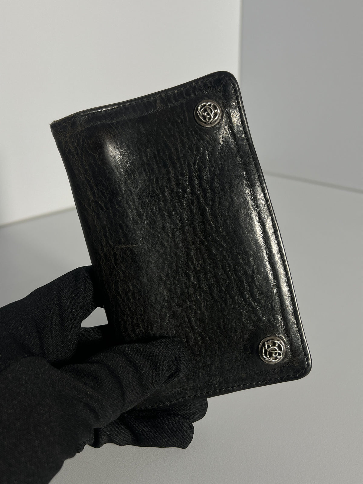 Chrome Hearts Leather Snap Wallet Silver Buttons Black