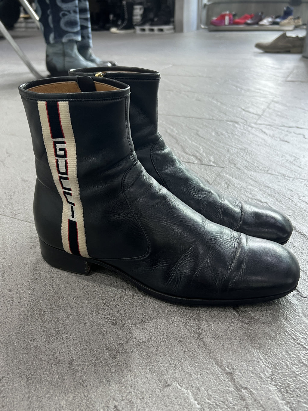 Gucci Web-Stripe Leather Ankle Boots Black 9