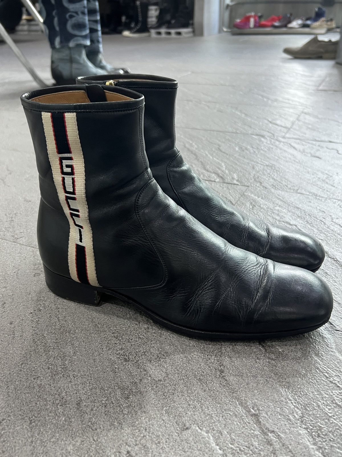 Gucci Web-Stripe Leather Ankle Boots Black 9