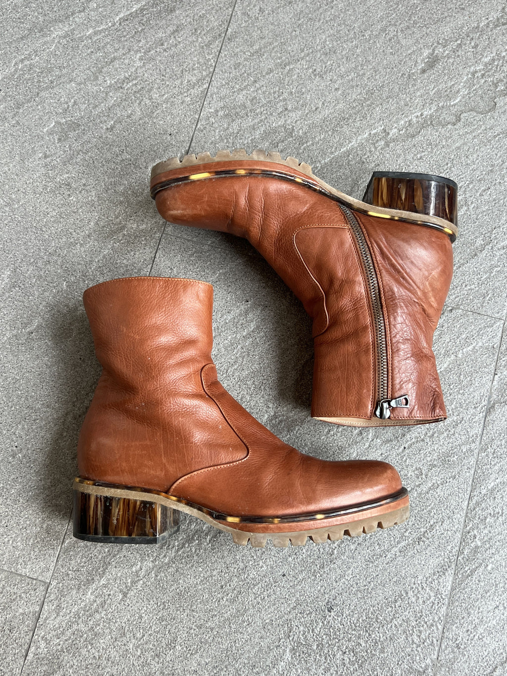 Dries Van Noten Brown Leather Tortoise Heel Boots