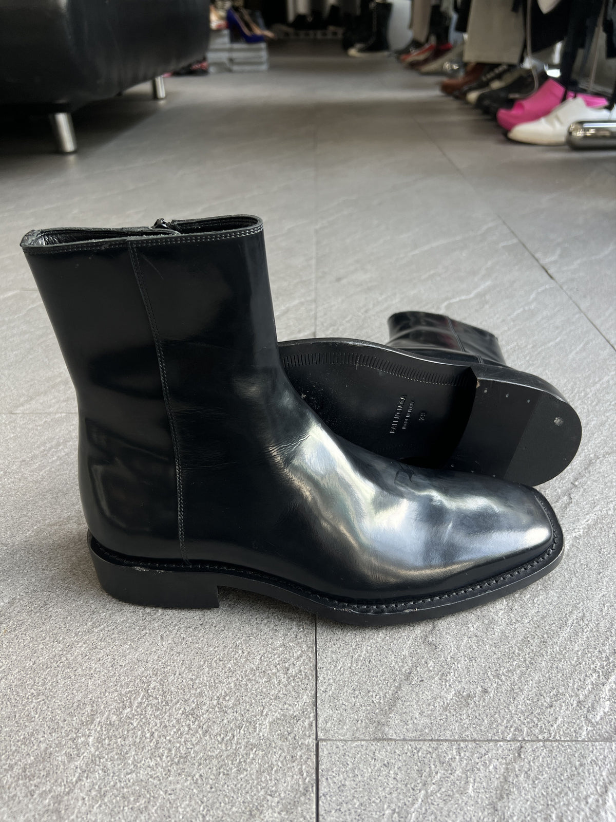 Balenciaga Black Leather Square Toe Zip Boots EU39
