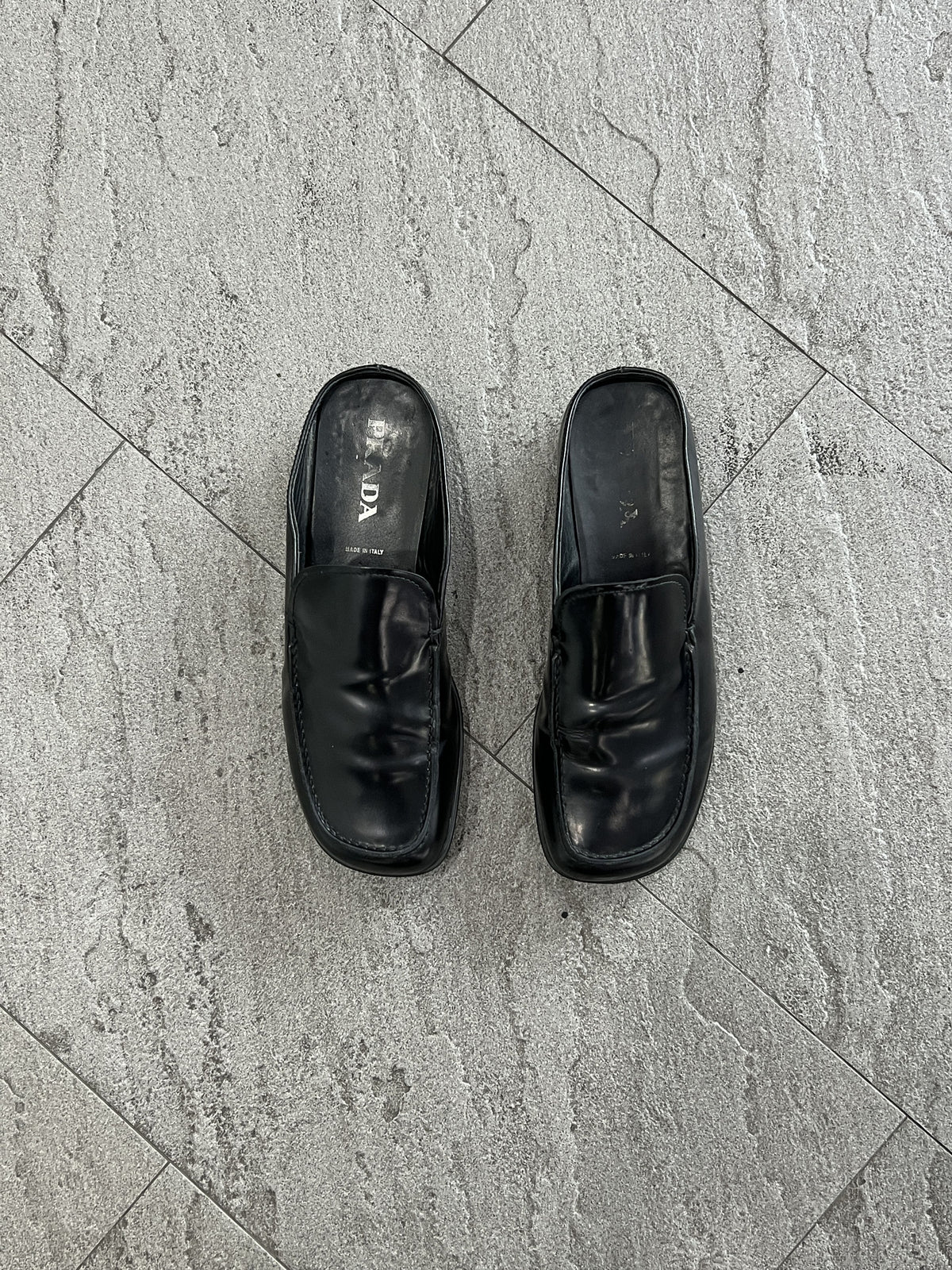 Prada RUNWAY Square-Toe Leather Mule Loafers Black