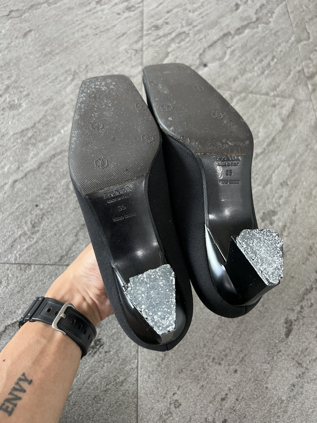 Prada Black Satin Pumps Square Toe Logo Heels EU35