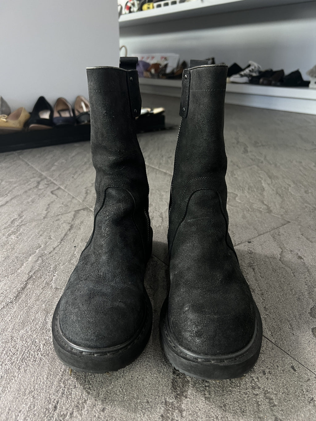 Rick Owens Distressed Leather Zip Boots Black EU41