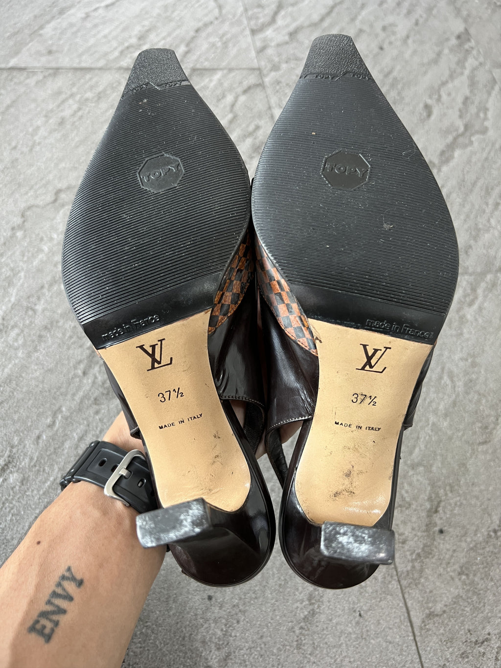 Louis Vuitton Damier Slingback Heels Brown 37.5