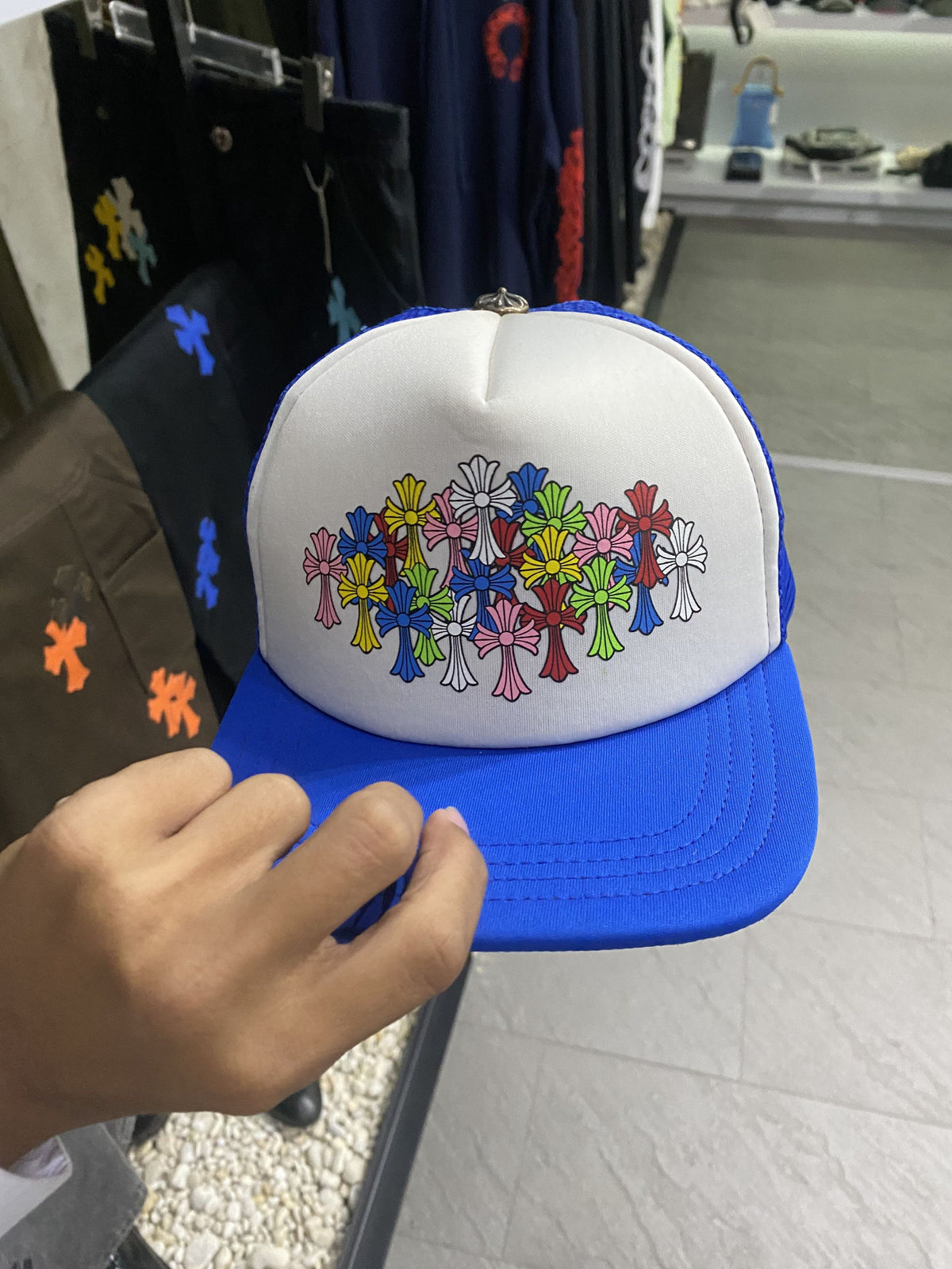 Chrome Hearts Blue Multi Color Cross Trucker Hat