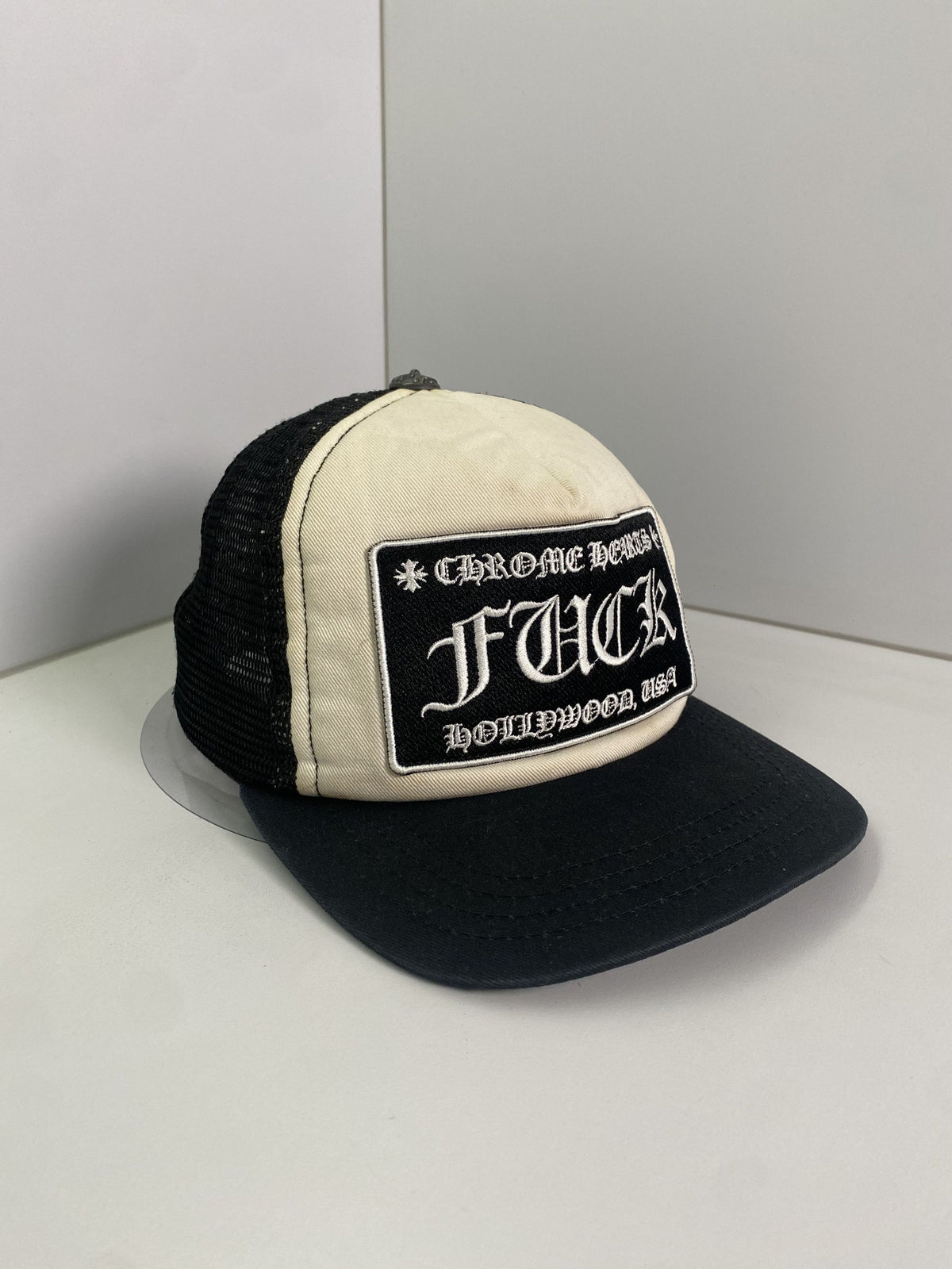 Chrome Hearts FUCK Hollywood Black Cream Trucker Hat