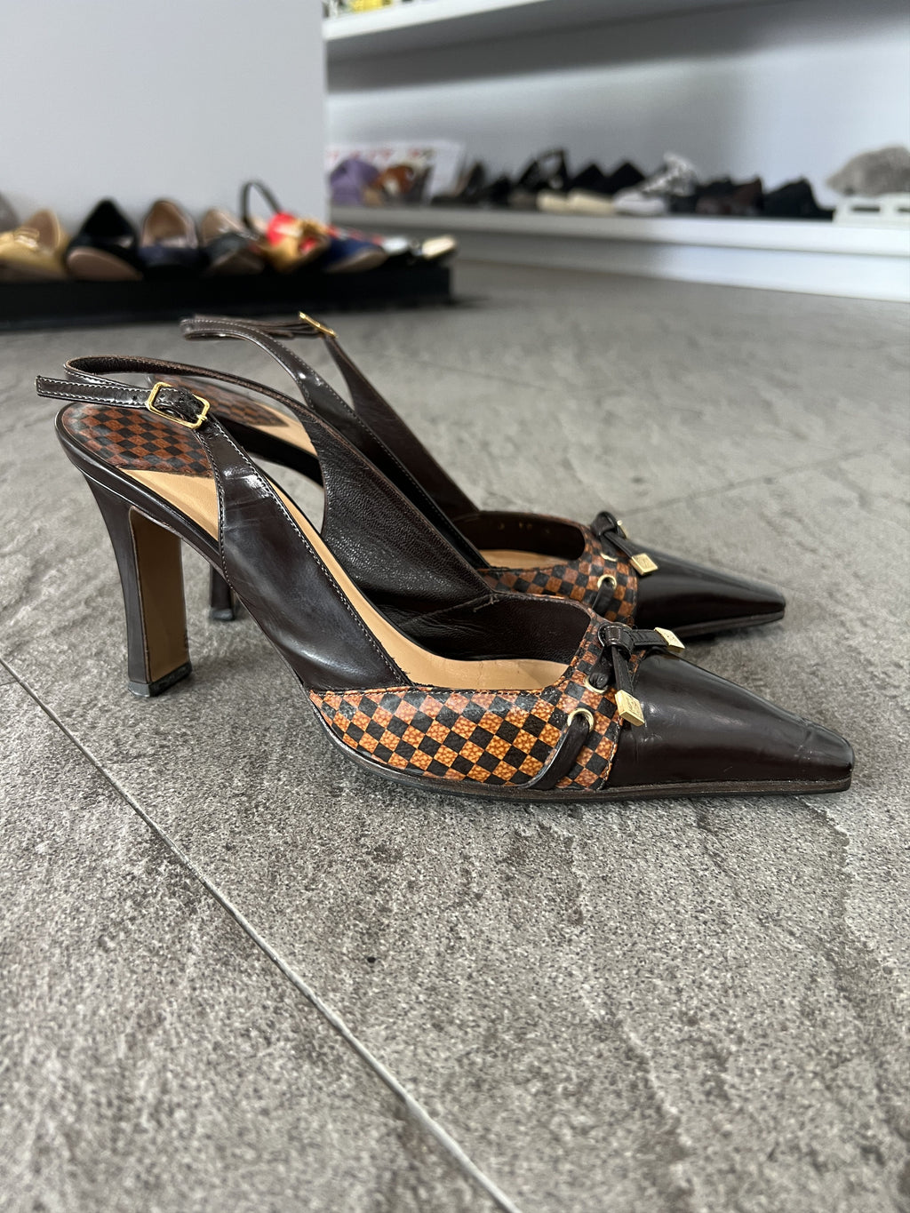 Louis Vuitton Damier Slingback Heels Brown 37.5