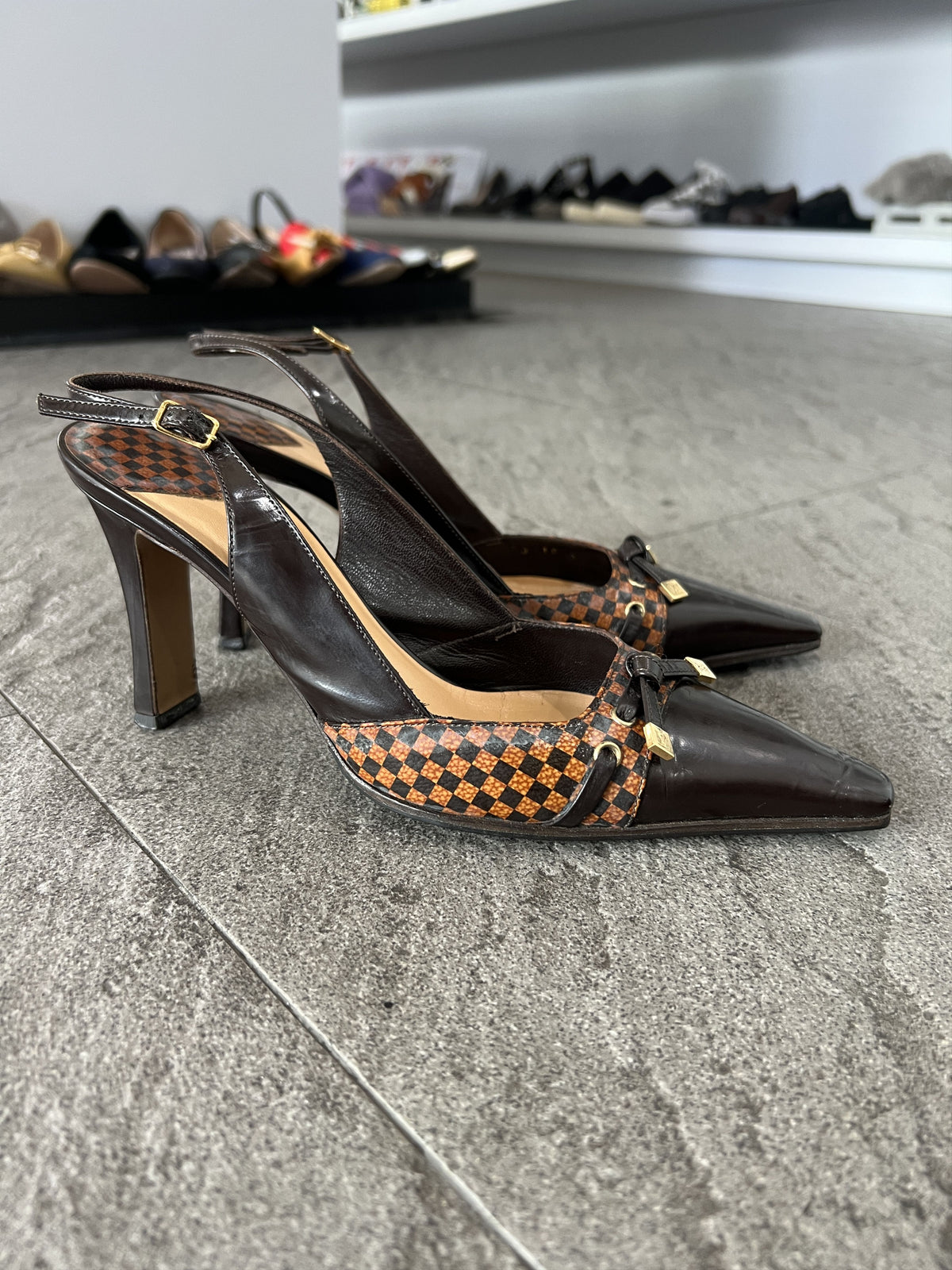 Louis Vuitton Damier Slingback Heels Brown 37.5