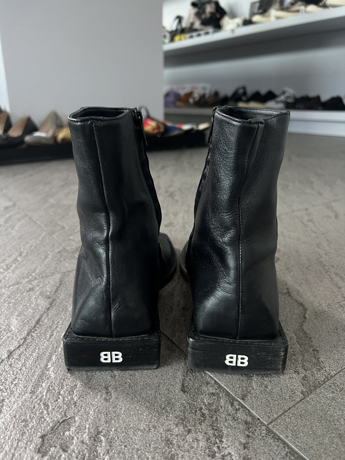 Balenciaga BB Heel Logo Leather Zip Ankle Boots 37.5