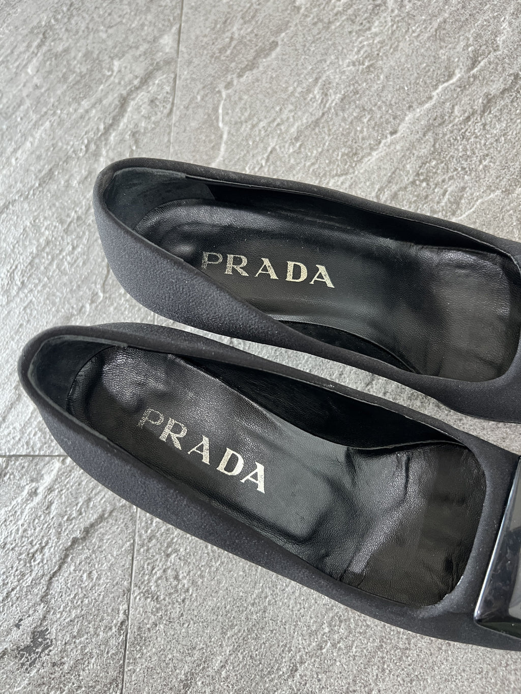 Prada Black Satin Pumps Square Toe Logo Heels EU35