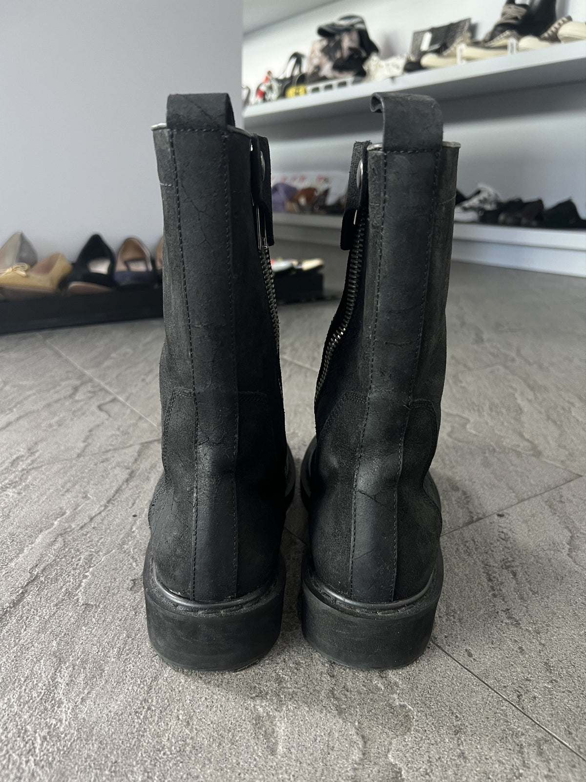 Rick Owens Distressed Leather Zip Boots Black EU41