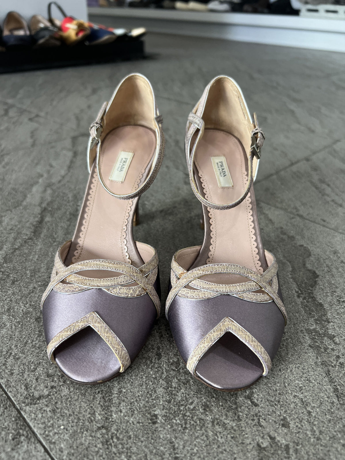 Prada Satin Ankle Strap Heels Lavender Pink 35