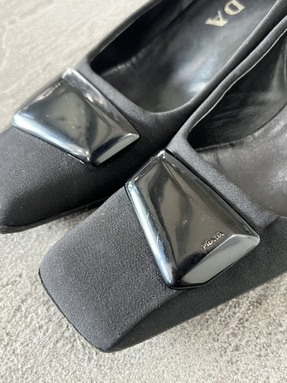 Prada Black Satin Pumps Square Toe Logo Heels EU35