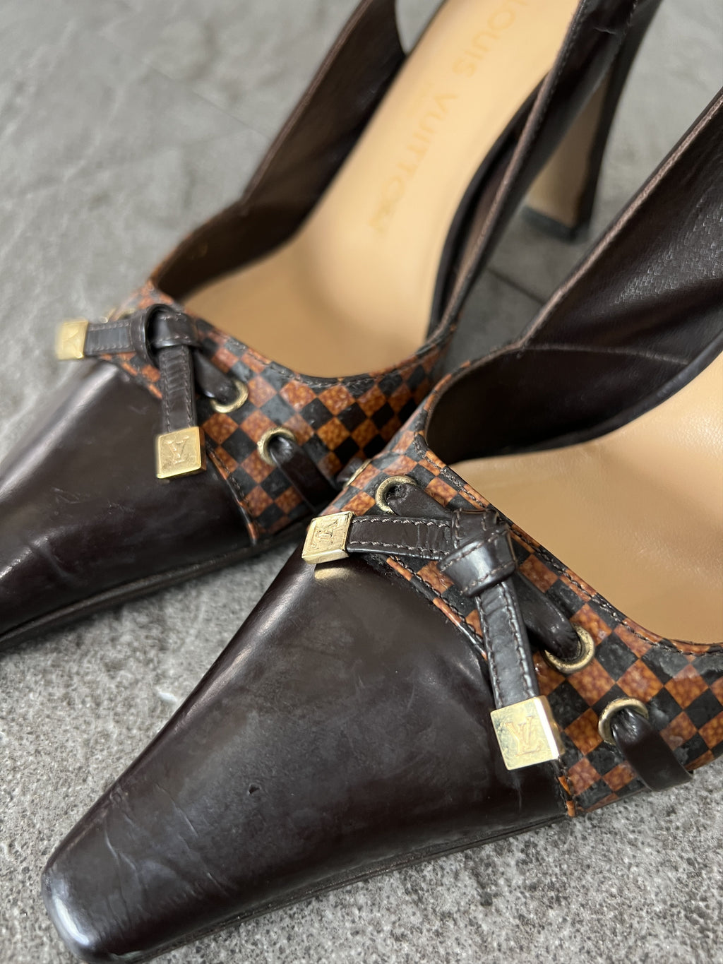 Louis Vuitton Damier Slingback Heels Brown 37.5