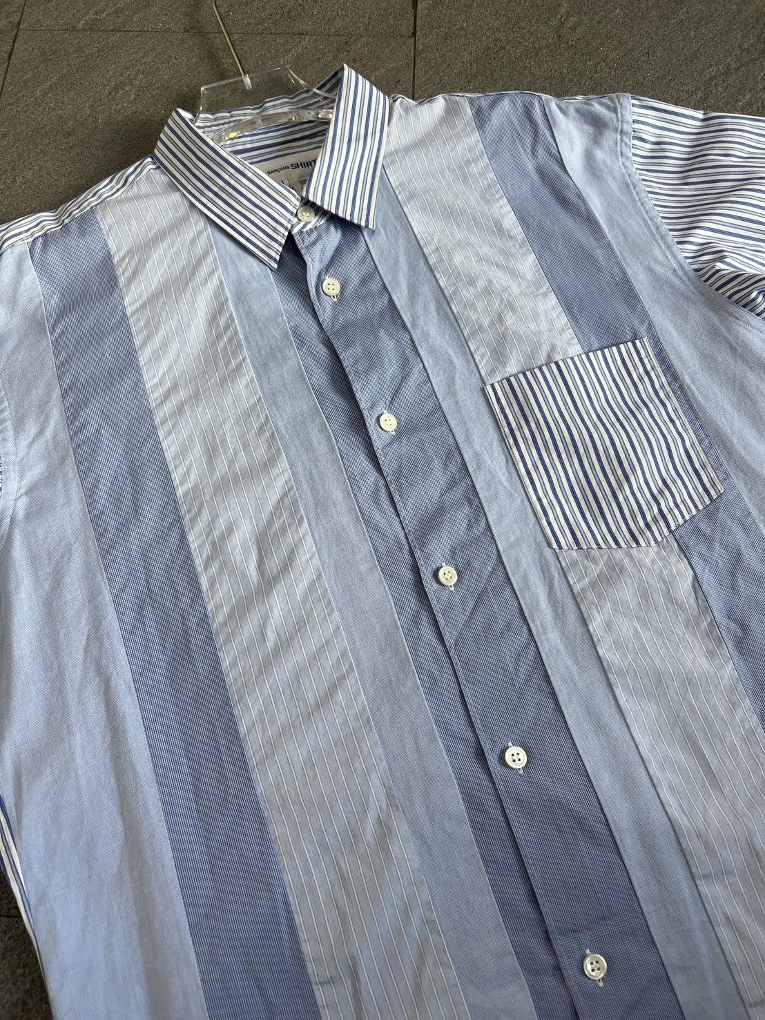 Comme des Garçons blue and white patchwork striped shirt