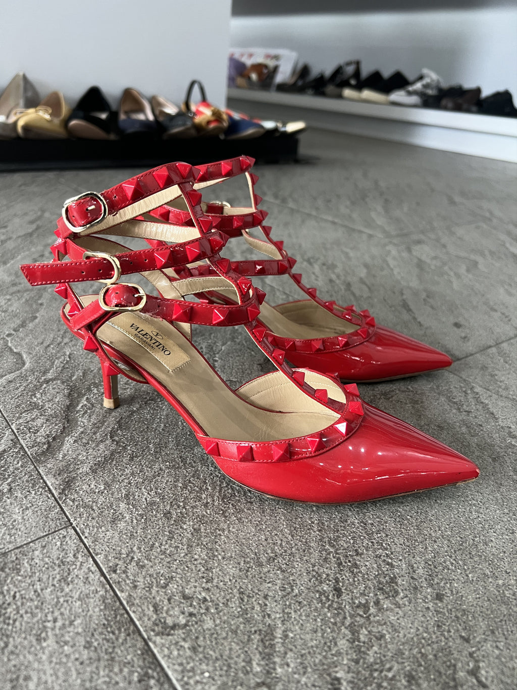 Valentino Rockstud Patent Cage Heels Red 37
