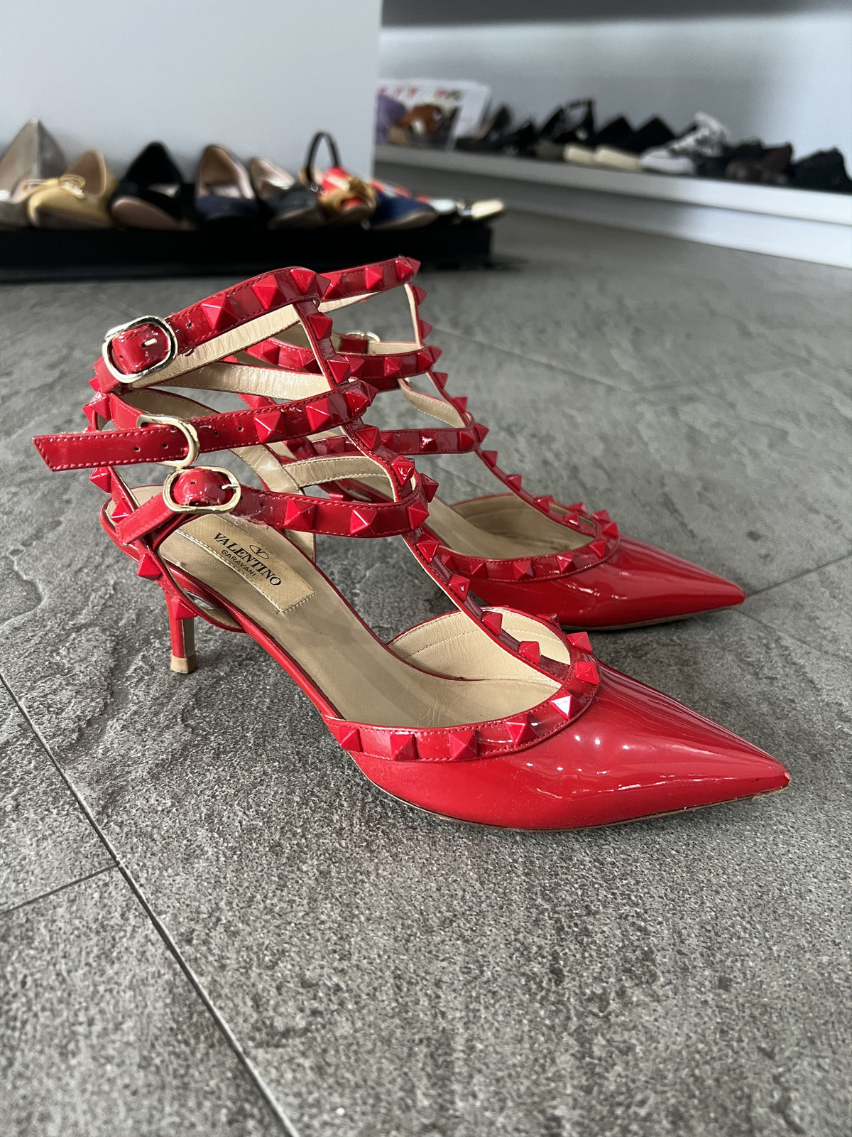 Valentino Rockstud Patent Cage Heels Red 37