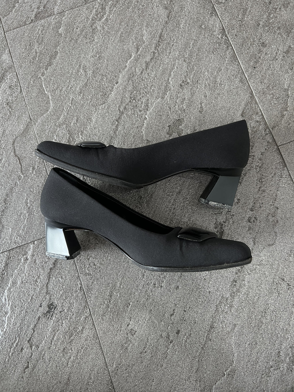 Prada Black Satin Pumps Square Toe Logo Heels EU35