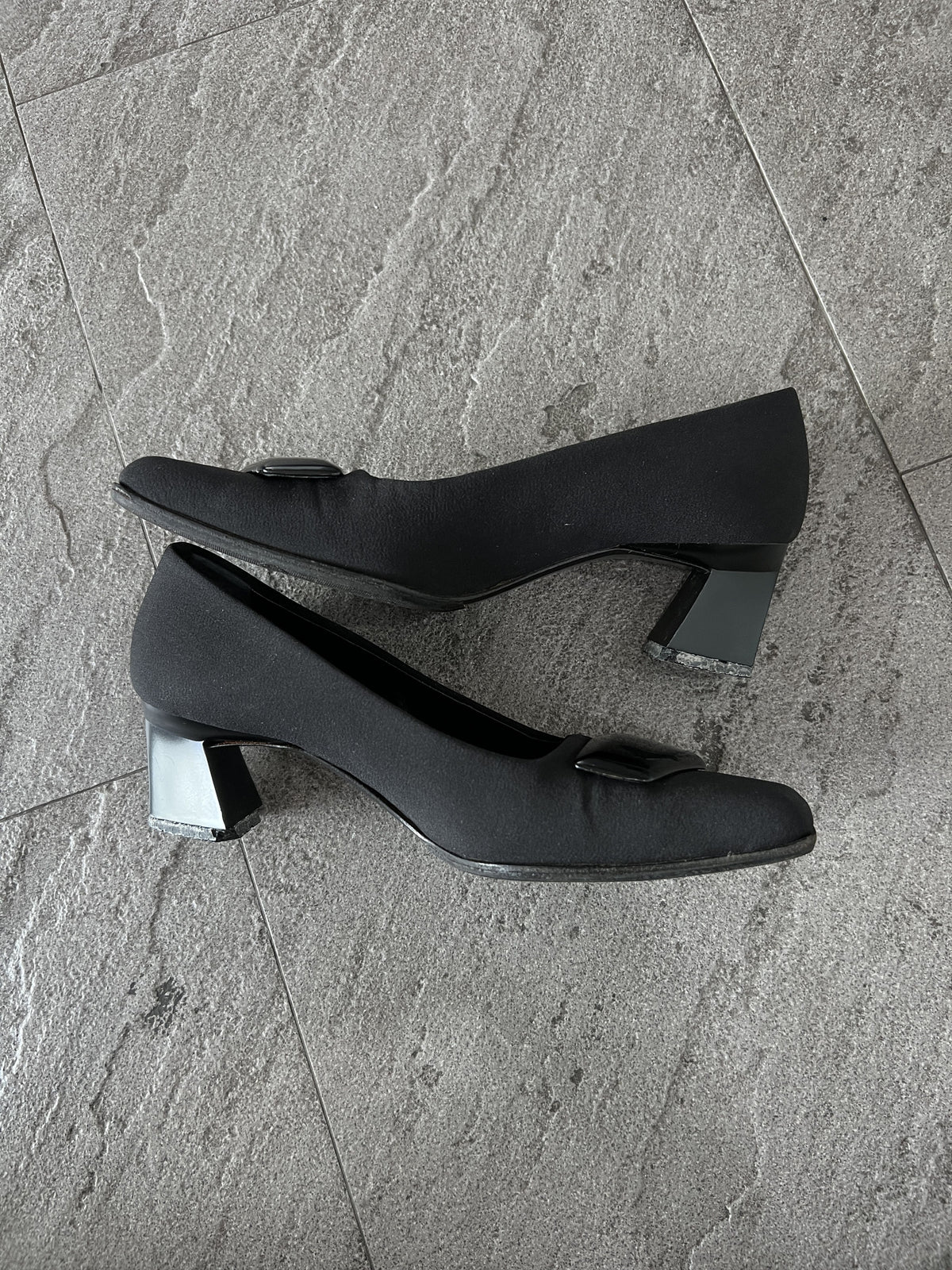 Prada Black Satin Pumps Square Toe Logo Heels EU35