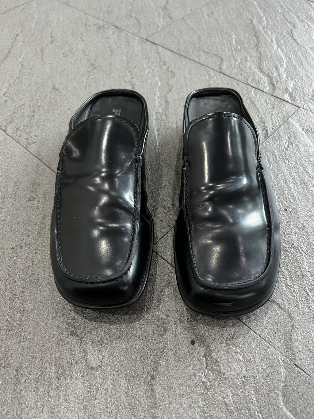 Prada RUNWAY Square-Toe Leather Mule Loafers Black