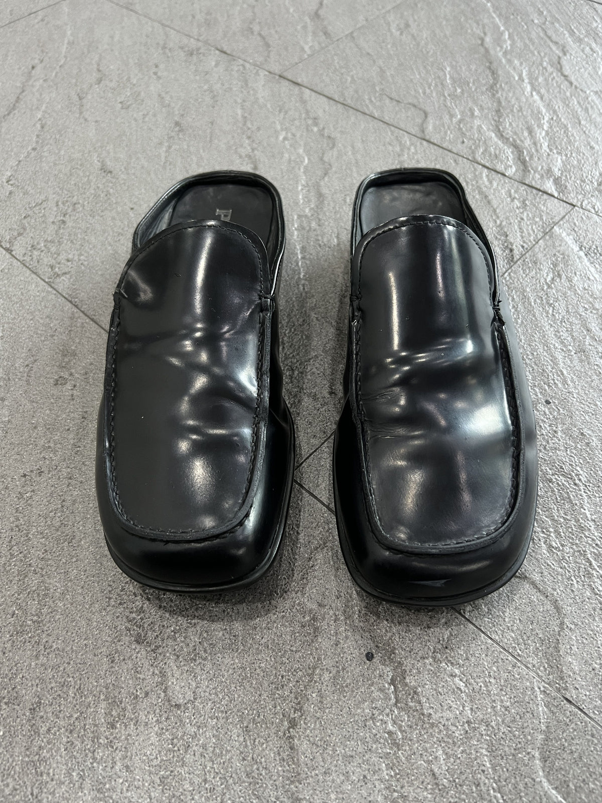 Prada RUNWAY Square-Toe Leather Mule Loafers Black