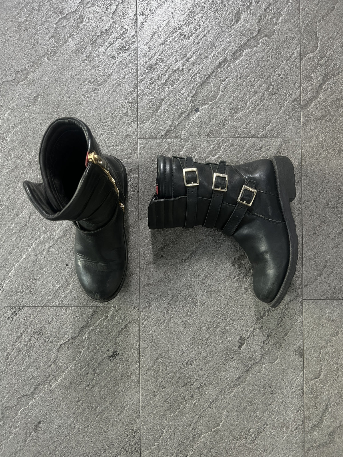 Dirk Bikkembergs 3 Strap Leather Biker Boots Black