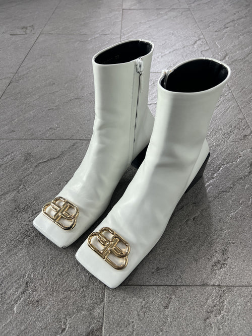 Balenciaga BB Logo Square Toe Ankle Boots White 38