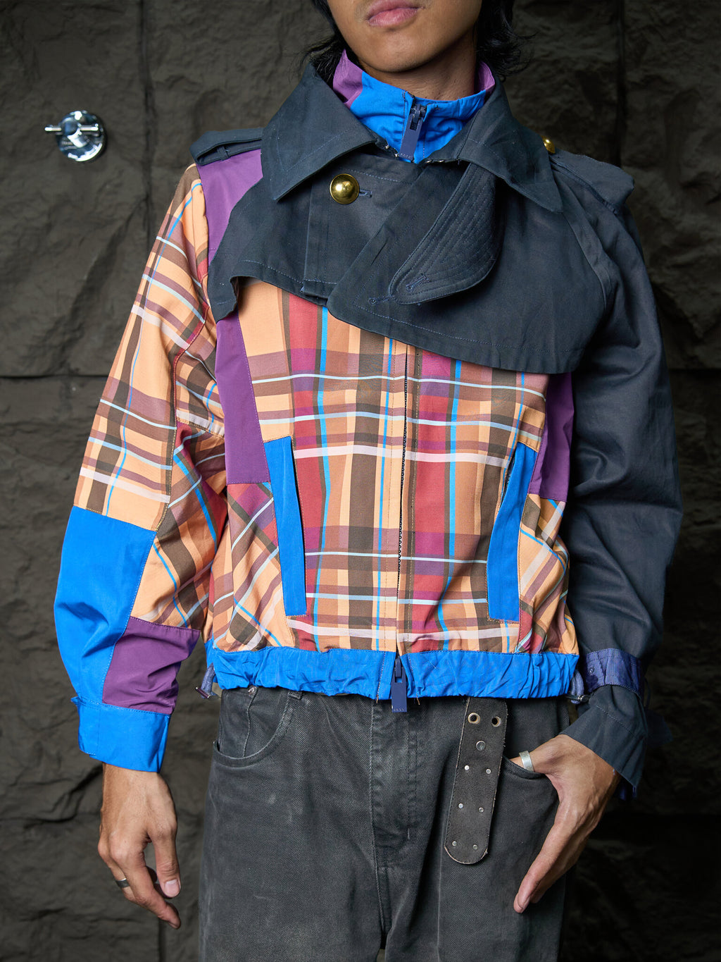 Sacai Plaid Check-Panel Zip-Up Trench Blouson Jacket