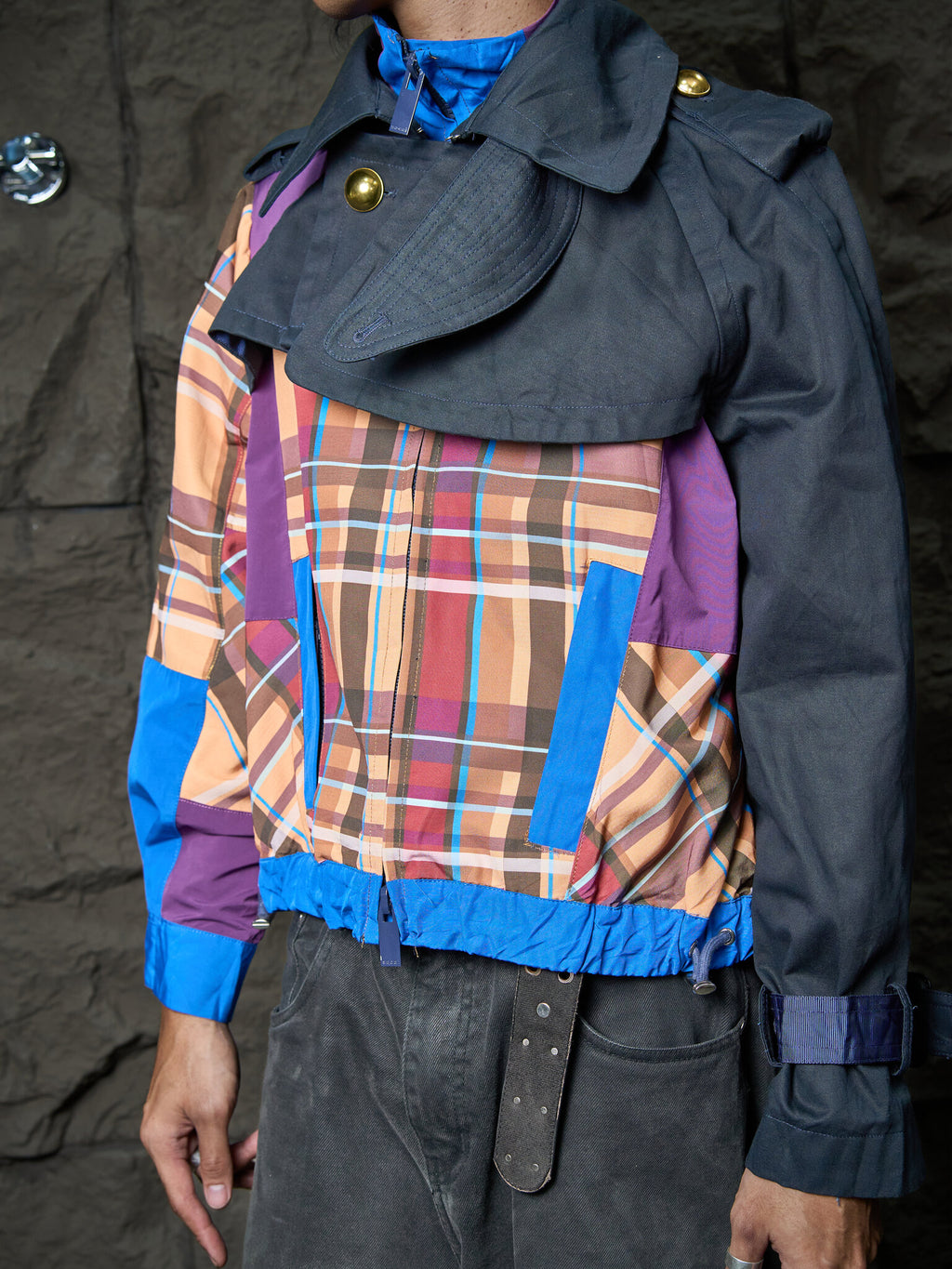 Sacai Plaid Check-Panel Zip-Up Trench Blouson Jacket